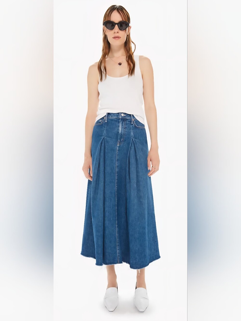 Mothrt Denim The Pleated Midi Skirt Wirh Fray